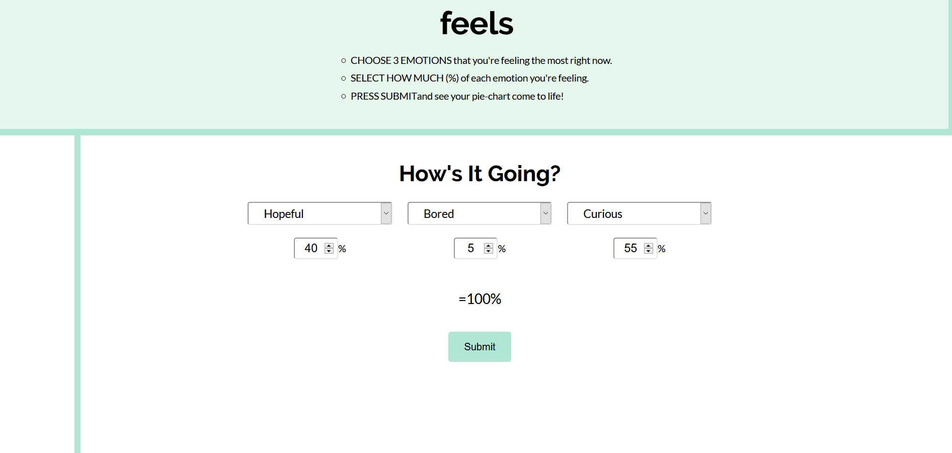 The feels app preview picture: the landing page with the title Feels and the question How's It Going?, with a filled-in form underneath.