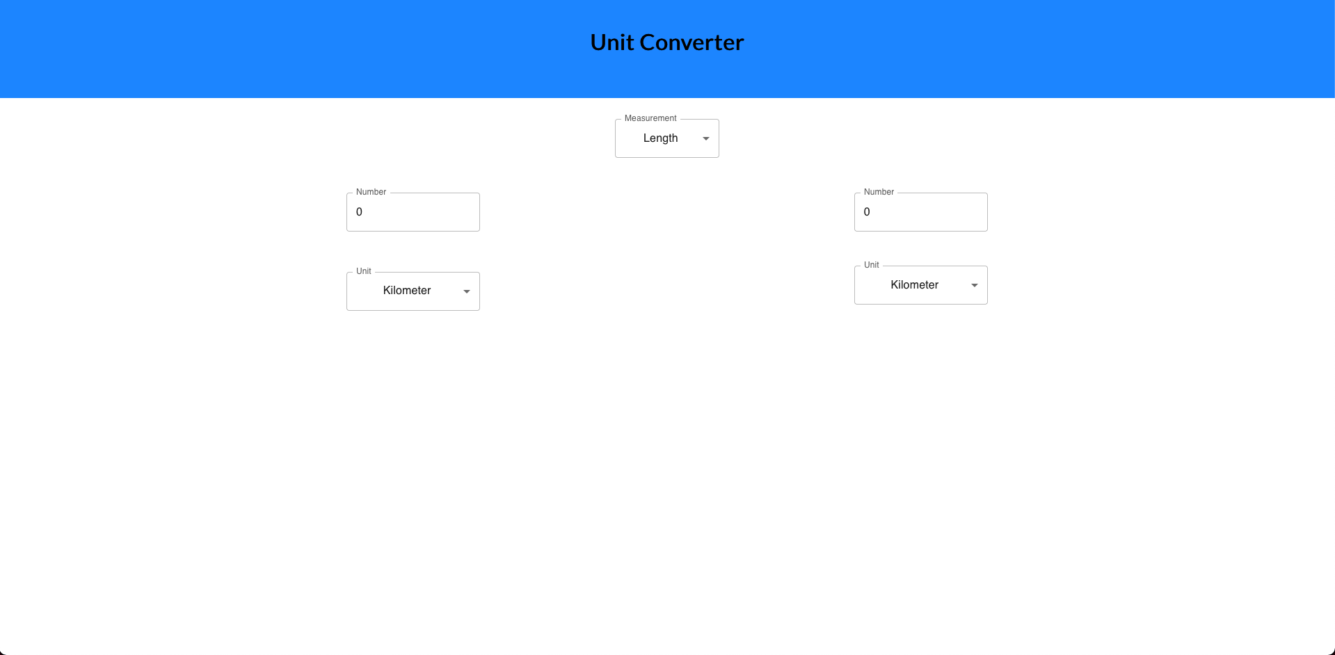 The Unit Converter app preview picture: a dropdown to choose a measurement, and then options to choose two units to convert to one another.